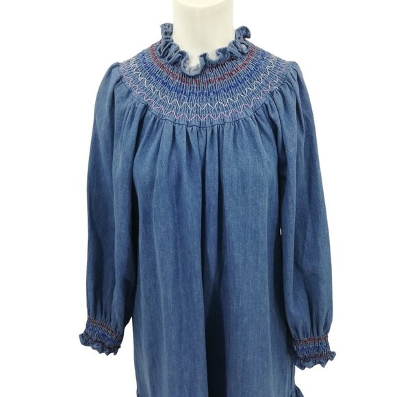Rixo Azalea Smocked Denim Puff Sleeve Ruffle Mini Dress Size XS US 4 Prairie - Picture 5 of 13